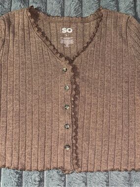 SO Taupe Ribbed Scallop-Edge Button Cardigan